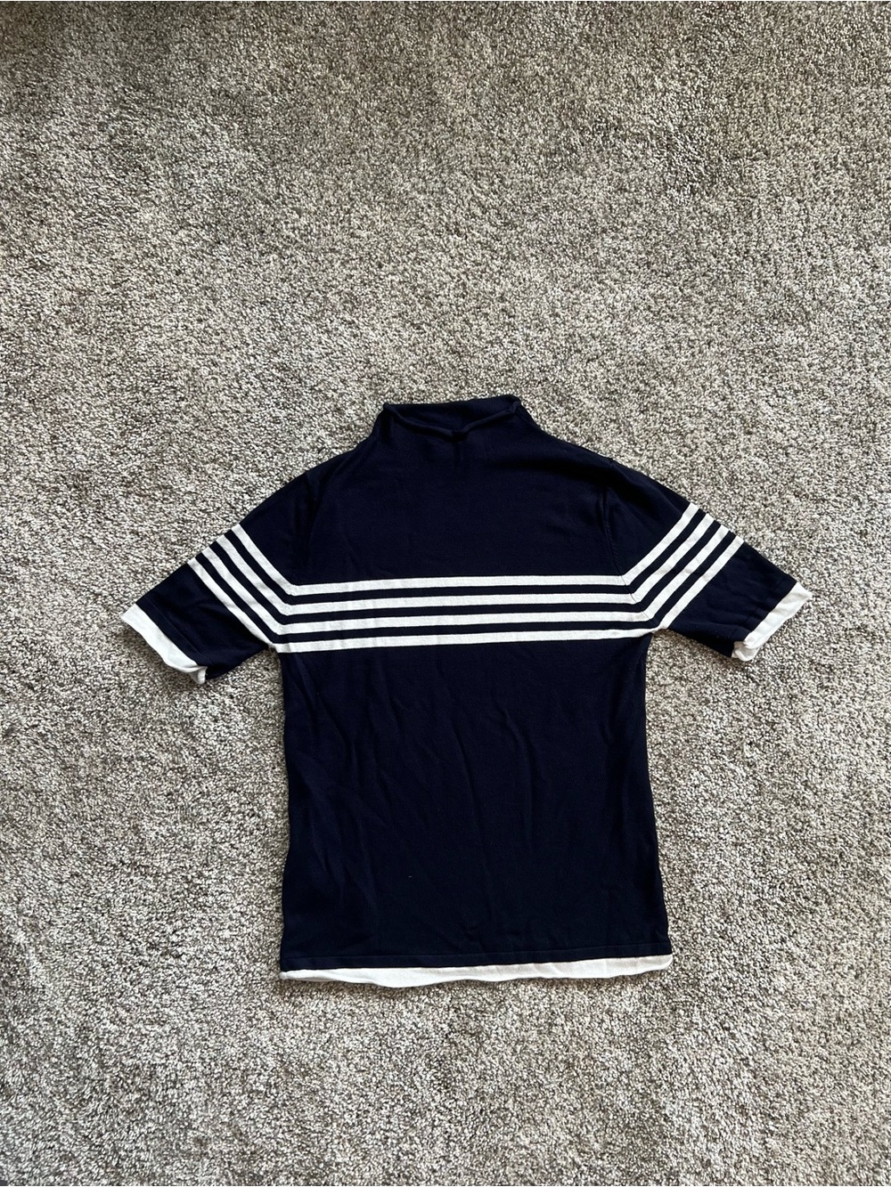 MNG dark navy short-sleeve knit top horizontal white stripes women’s Size Small